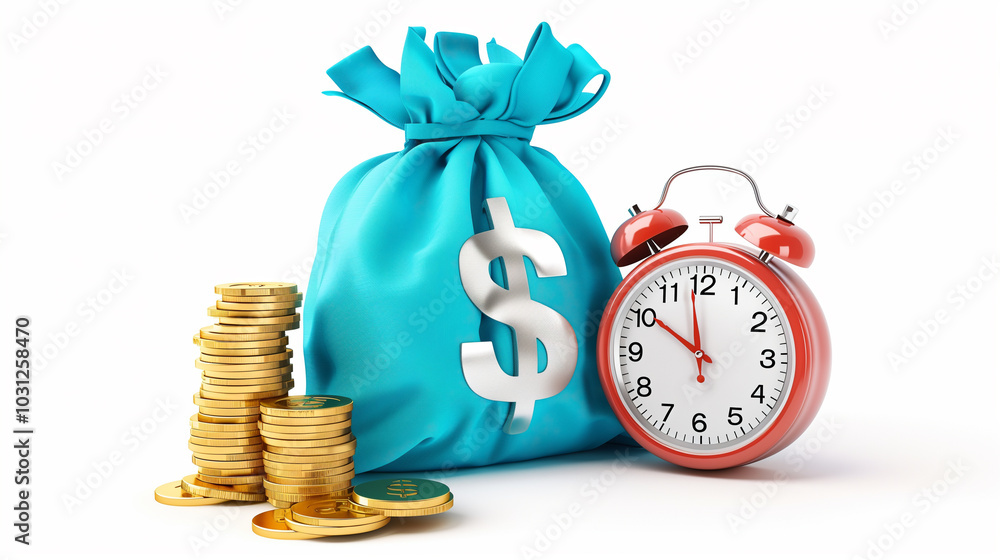 Money bag and alarm clock representing time is money and financial urgency Money bag and alarm clock representing time is money and financial urgency
