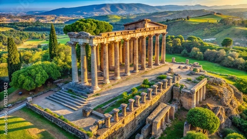 Aerial View of Majestic Ancient Roman Temple Showcasing Architectural Grandeur and Classical Civilization