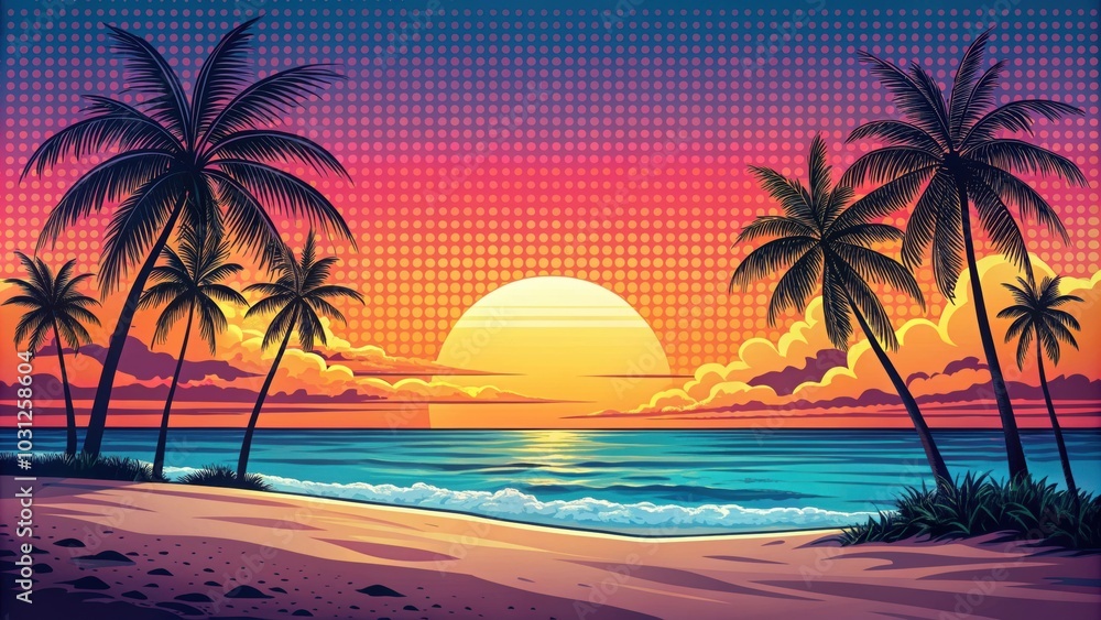 Naklejka premium Sunset beach scene in 1980s style pop art , sunset, beach, retro, pop art, 1980s, colorful, vibrant, waves, palm trees