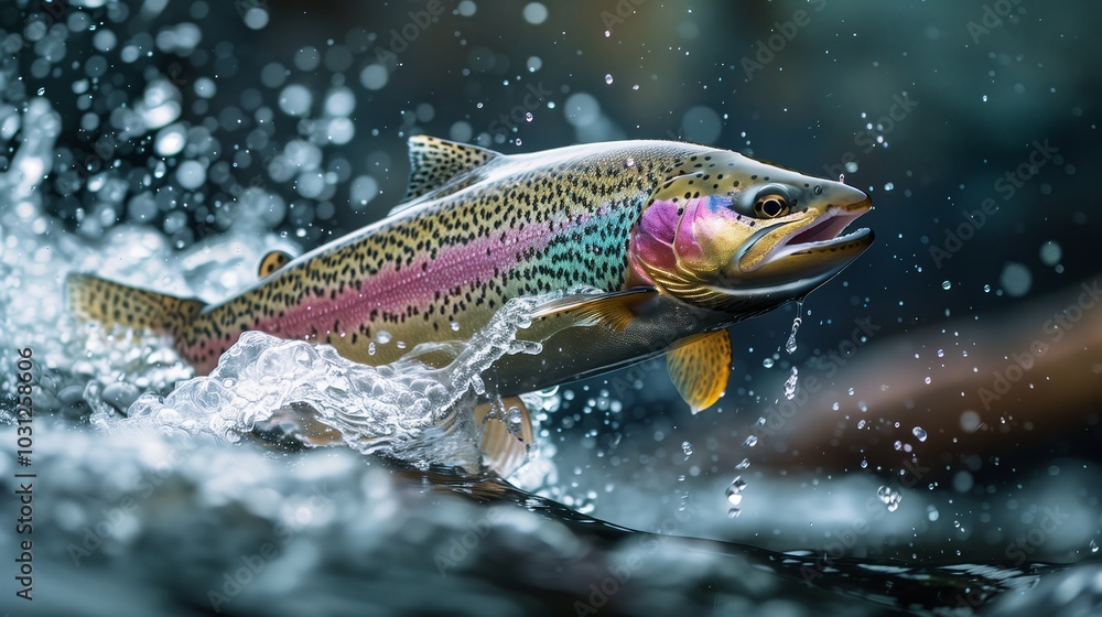 Close up of a rainbow trout being pulled out of the water, with bubbles and a splash around it, captured with high speed photography. Close up of a rainbow trout being pulled out of the water, with bubbles and a splash around it, captured with high speed photography.