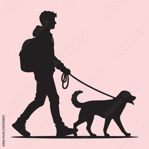 dog vector, Man walking with dog vector silhouette vector black and white