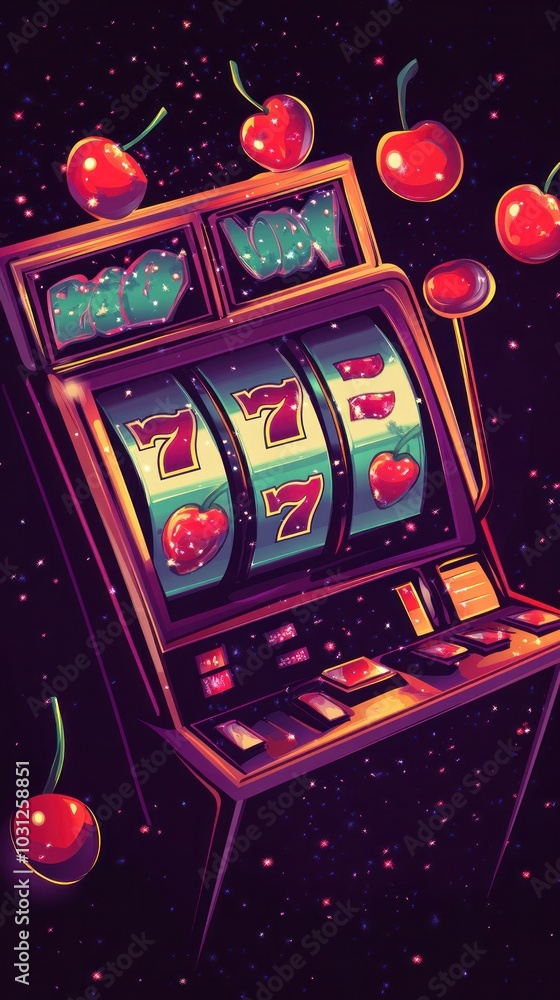 Classic slot machine illustration in a vector style, with shiny symbols like sevens, cherries, and bar icons spinning Classic slot machine illustration in a vector style, with shiny symbols like sevens, cherries, and bar icons spinning