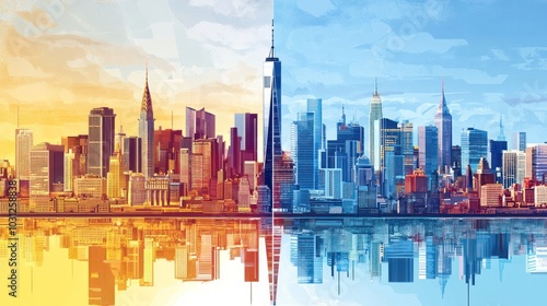 Cityscape illustrations vector, showing detailed views of cities like New York, Tokyo, and Paris, modern and vibrant #1031258838