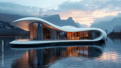 Wallpaper Mural futuristic house floating on water, roof is curved and white in colour, windows made of glass, mountains in the background Torontodigital.ca