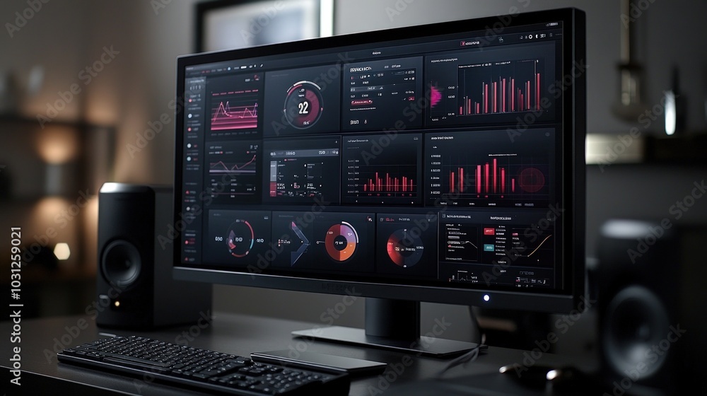 A large monitor displays a dashboard with various charts and graphs, showing data analysis. A large monitor displays a dashboard with various charts and graphs, showing data analysis.