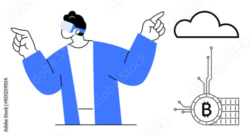 A person wearing virtual reality glasses points towards a cloud and a Bitcoin symbol connected by circuits. Ideal for blockchain, cryptocurrency, cloud computing, technology, and innovation themes