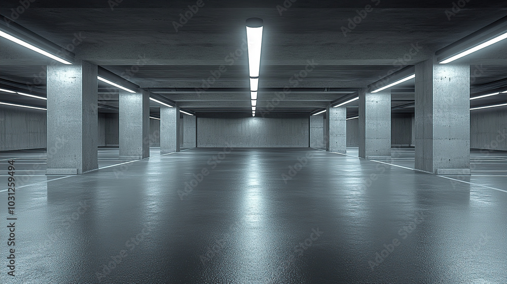 Obraz premium Modern underground parking lot with a white painted floor, LED lighting