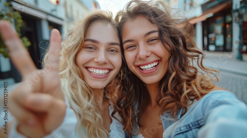 Two young beautiful women posing for the camera, showing their peace sign and smiling while taking selfies on an outdoor city street.