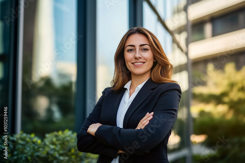 A confident businesswoman stands in front of an office building