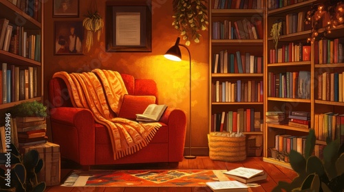 Cozy reading corner vector illustration, showing a comfortable space with books, blankets, and warm lighting