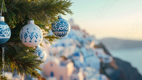 Christmas tree with white and blue ornaments against the backdrop of a Mediterranean island panoram