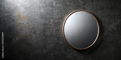 Modern round black mirror against a textured dark wall , modern, round, black, mirror, textured, dark