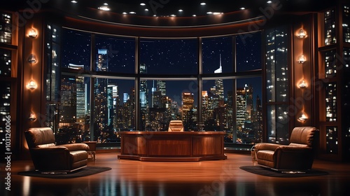 glamorous late-night talk show studio with a large floor-to-ceiling window showing a twinkling cityscape at night