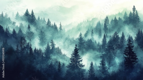 Misty Forest Landscape with Pine Trees and Fog