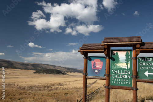 Sign at the entrance to the Valles Caldera National Preserve on a gorgeous day in New Mexico photo