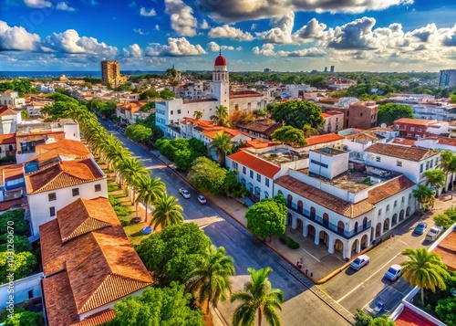 Aerial View of Santo Domingo: Colorful Old Town Streets and Tropical Cityscape