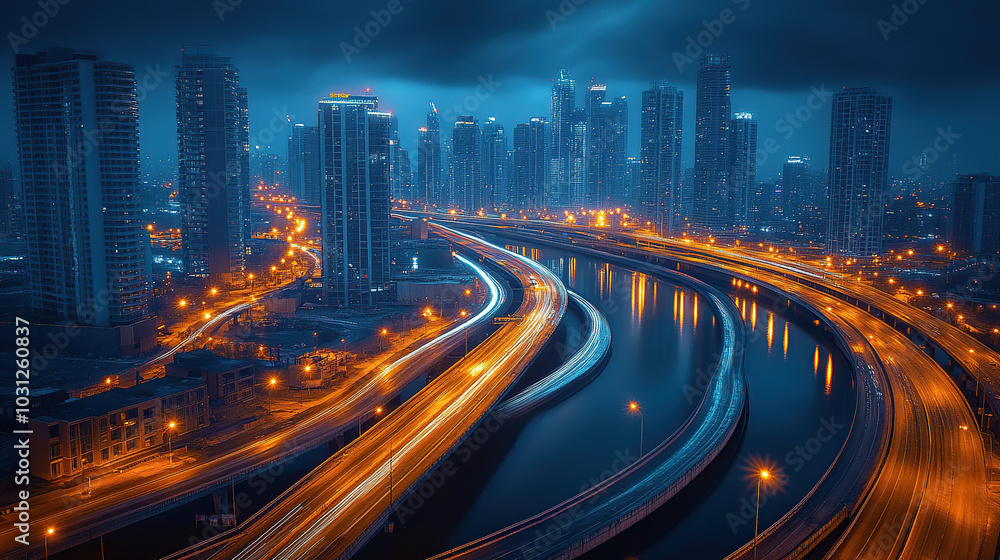 Highway, cityscape, river, bridge, street lights, skyscrapers, aerial view, urban landscape, evening light Highway, cityscape, river, bridge, street lights, skyscrapers, aerial view, urban landscape, evening light