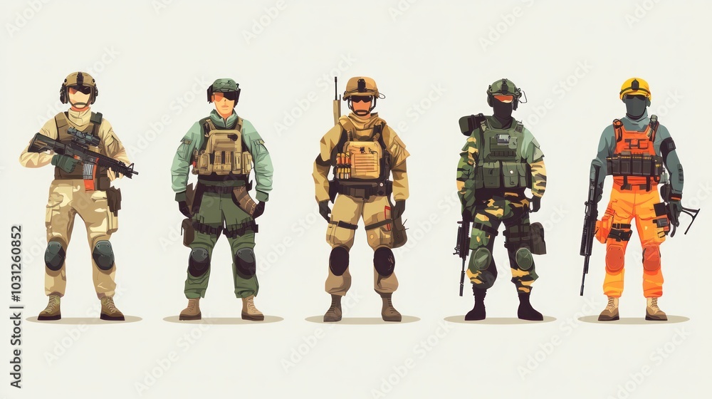 Naklejka premium Defense force vector set, showcasing characters from various branches of the military, colorful and lively illustrations