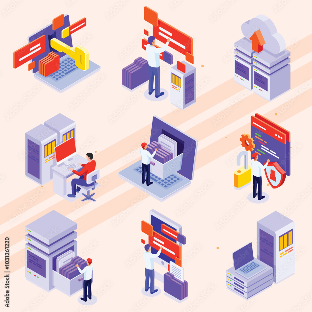 Isometric icons depicting data center operations and servers. Isometric icons depicting data center operations and servers.