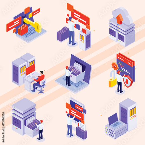 Isometric icons depicting data center operations and servers.