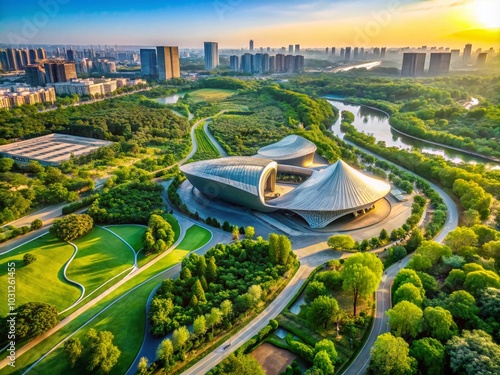 Aerial View of the Beijing Performing Arts Centre in Tongzhou - Architectural Marvel in Urban Landscape photo