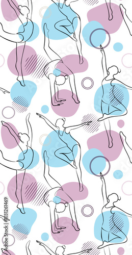 Vector rhythmic gymnasts line art seamless pattern on abstract shape backg