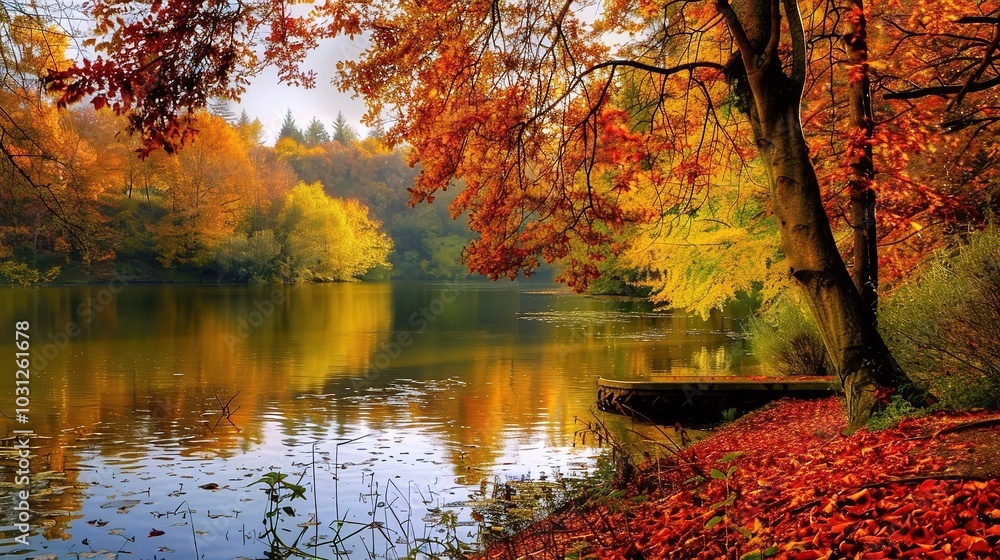 Beautiful Autumn Scenery on Lake - a captivating and enchanting visual. The beautiful autumn landscape by the lake creates a serene and charming scene Beautiful Autumn Scenery on Lake - a captivating and enchanting visual. The beautiful autumn landscape by the lake creates a serene and charming scene