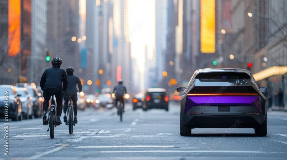 Obraz premium Cyclists and Electric Vehicles on Urban Street