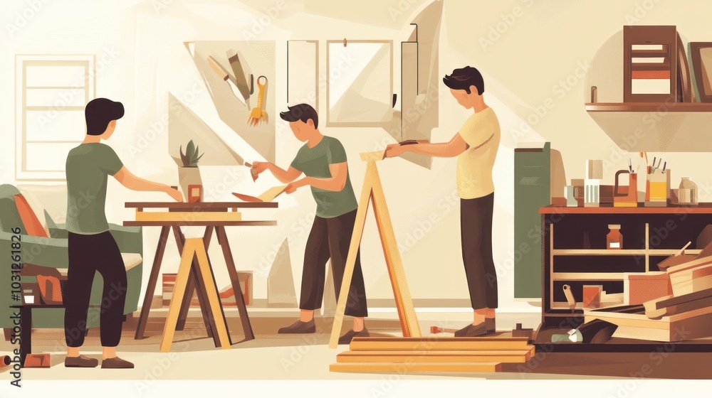 Fototapeta premium DIY home projects vector, depicting a family building simple furniture or decorating a room together