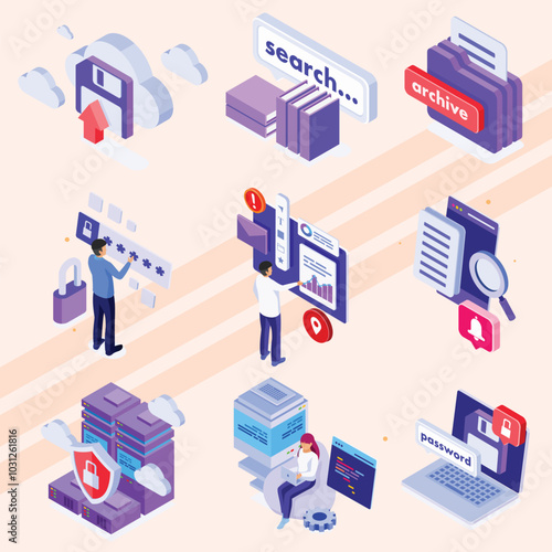 Isometric icons showcasing data centers and servers.