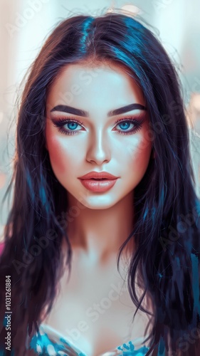 Woman with long dark hair and blue eyes