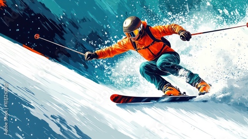 Downhill skiing vector illustration, showcasing a skier racing down a steep snowy slope, vibrant and action-packed