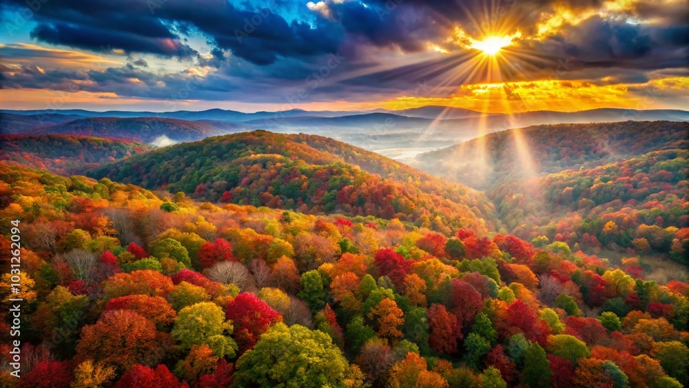 Obraz premium Aerial View of Vibrant Fall Foliage in Ozark Mountains with Light Rays
