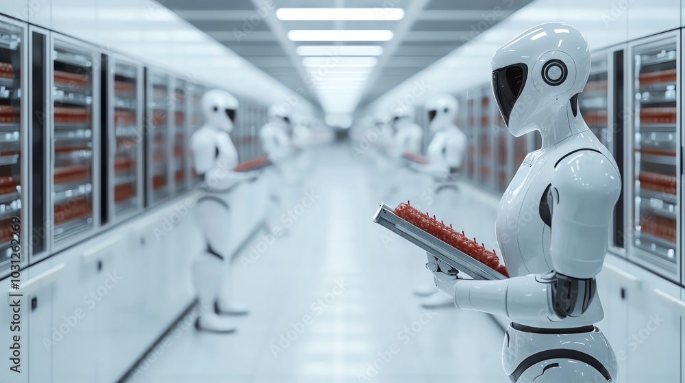 Conveyor belt with food processing robots in an automated kitchen, 3D illustration Conveyor belt with food processing robots in an automated kitchen, 3D illustration