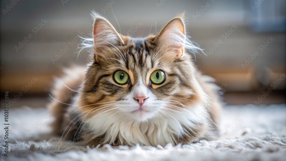 Naklejka premium Cat laying on the ground with fluffy fur and big eyes, cat, ground, fluffy, fur, eyes, pet, domestic animal, feline, relaxation