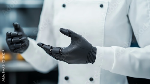 Closeup of a robotic hand carefully plating a gourmet dish, studio lighting, shallow depth