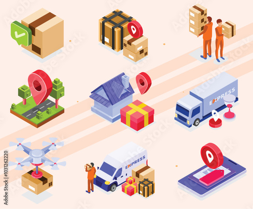 Isometric icons representing delivery services and logistics.