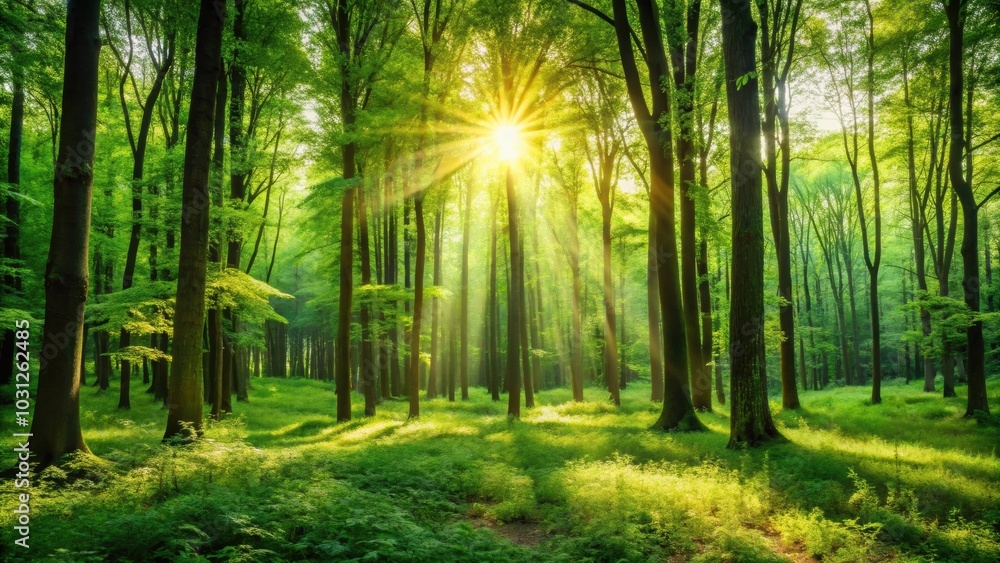 Fototapeta premium Panoramic view of a sunlit green forest , nature, trees, foliage, sunlight, rays, leaves, panoramic, scenery, woodland