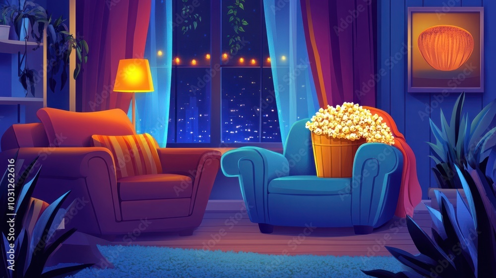 Family movie night vector illustration, featuring a cozy living room with popcorn and blankets, relaxed and joyful vibe Family movie night vector illustration, featuring a cozy living room with popcorn and blankets, relaxed and joyful vibe