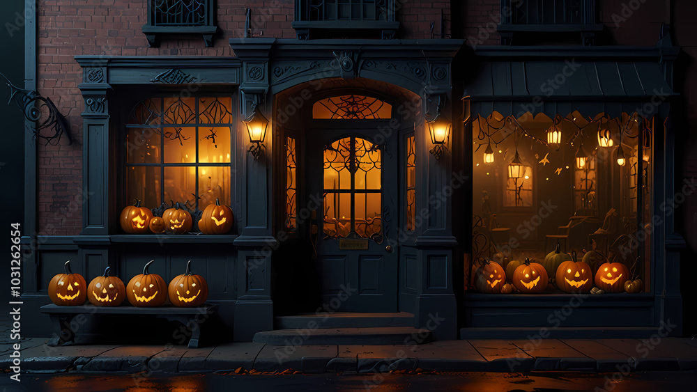 storefront view decorated for Halloween at the night storefront view decorated for Halloween at the night