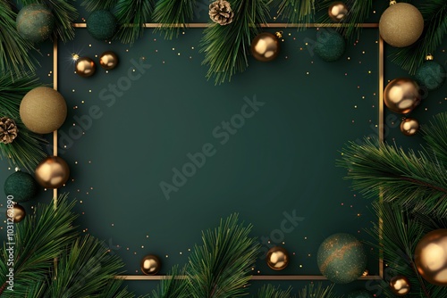 Frame made of fir tree branches, garland with lights and festive decorations on dark green background. Christmas and New Year celebration. Winter holidays. Top view, flat lay with copy space photo