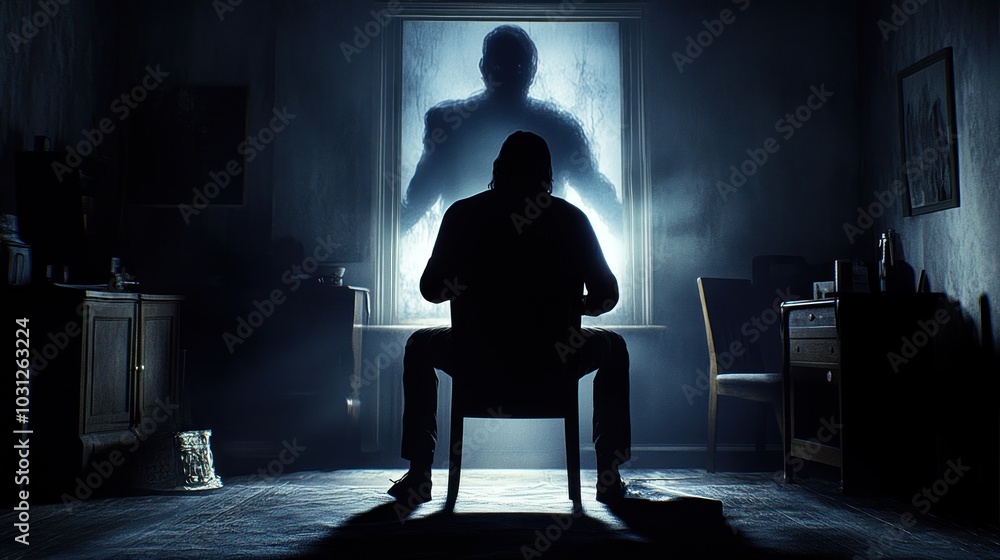 A person sits on an empty chair in an empty room with a mystical aura that is gripping, a faint double shadow is seen showing his presence and is creepy A person sits on an empty chair in an empty room with a mystical aura that is gripping, a faint double shadow is seen showing his presence and is creepy