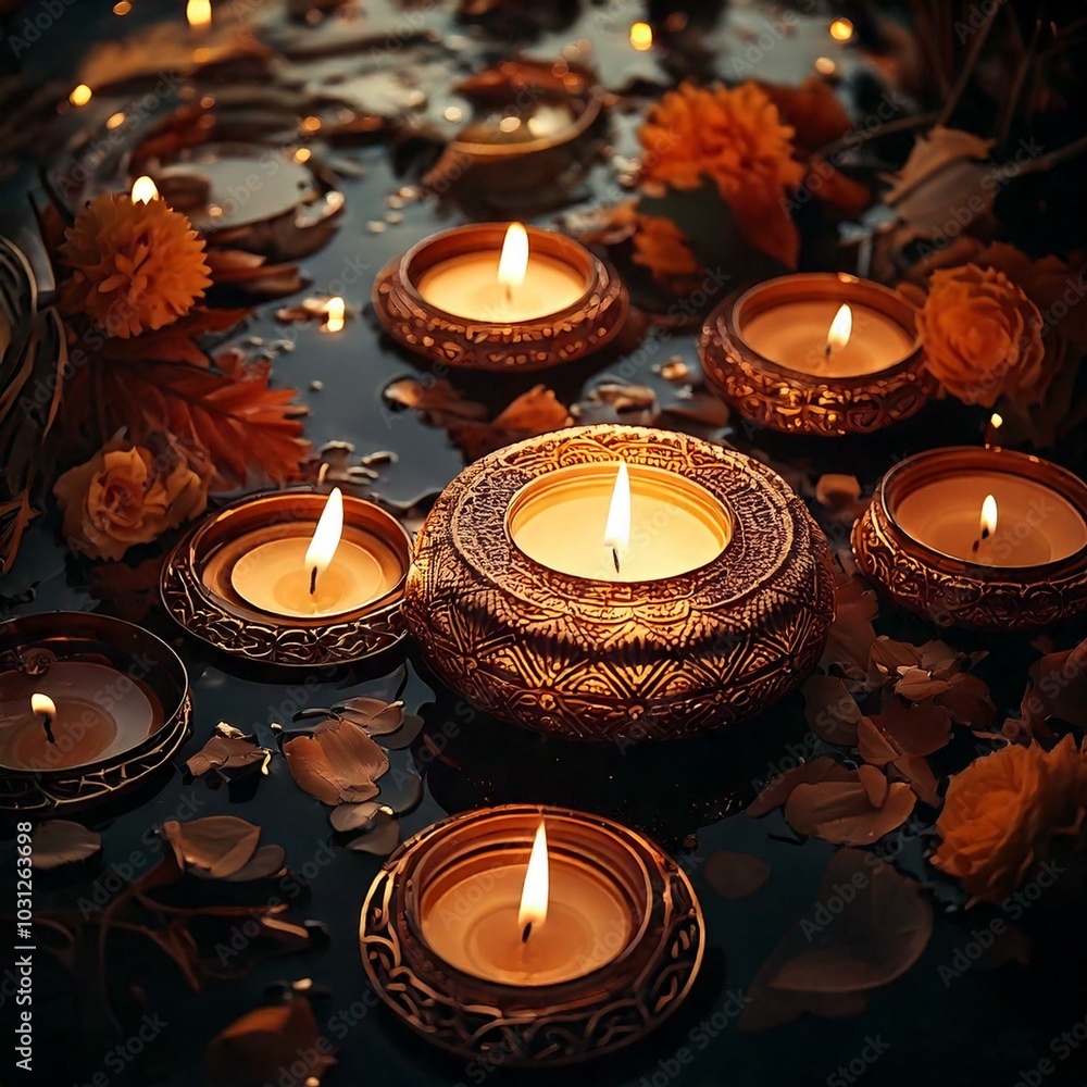 Burning candles in water for Diwali holiday Burning candles in water for Diwali holiday