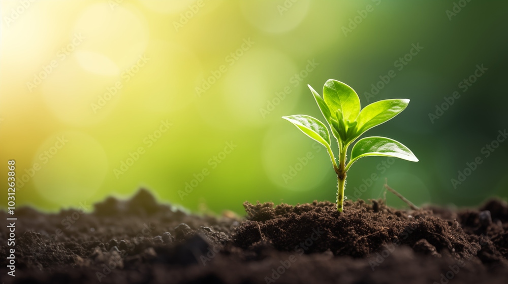 Young Plant Growing in Soil Against a Soft Green Background Young Plant Growing in Soil Against a Soft Green Background