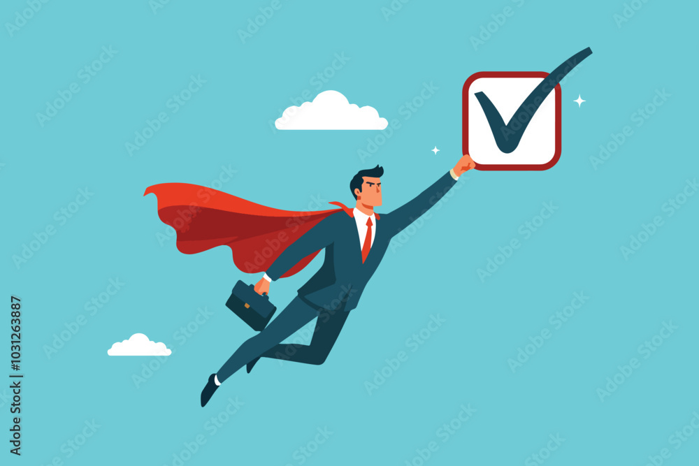 Superhero Businessman Soars, Flying with a Checkmark of Achievement Superhero Businessman Soars, Flying with a Checkmark of Achievement