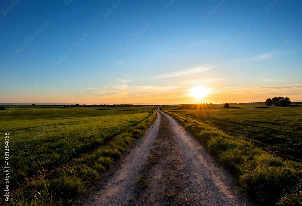 Endless Road Ahead: A Country Path Leads Towards a Golden Sunset