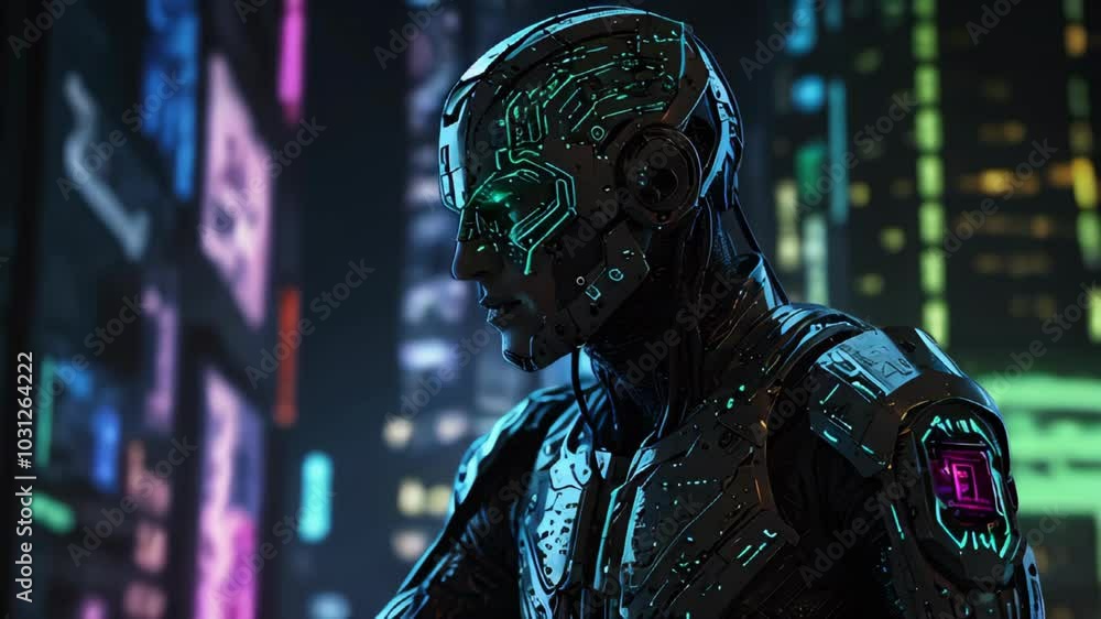 A Futuristic Cybernetic Figure Enveloped in the Vibrant and Neon Cityscape Environment A Futuristic Cybernetic Figure Enveloped in the Vibrant and Neon Cityscape Environment