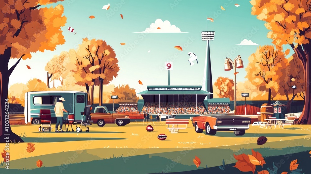 Obraz premium Game day vector illustrations, showcasing tailgating, stadium excitement, and pre-game hype