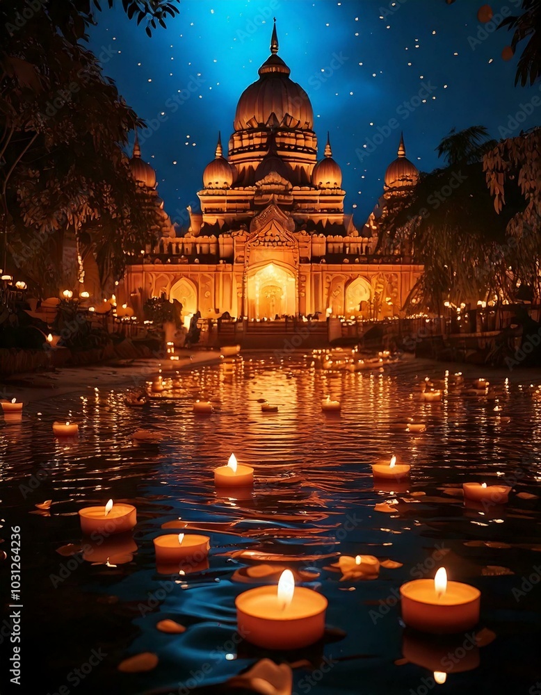 Fototapeta premium Burning candles in water for Diwali holiday