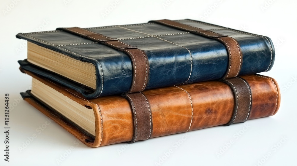 Two leather-bound books with brown straps on a white background. Two leather-bound books with brown straps on a white background.